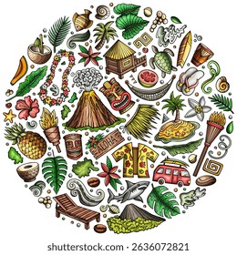 Colorful vector set of Hawaii cartoon doodle objects, symbols and items. Round composition