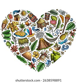 Colorful vector set of Hawaii cartoon doodle objects, symbols and items. Heart form composition