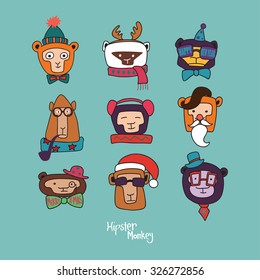 Colorful vector set - Hipster monkey. Funny monkeys with Christmas elements: hats, caps, beard, pipe, mustache, scarf, antlers, glasses. Perfect for cards, party invitations, posters.