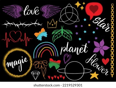 Colorful Vector Set with Icons In 90s 70s style. Romantic Vibe  