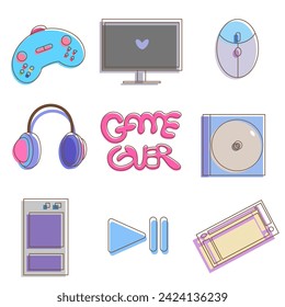 Colorful vector set with icons in flat style on the theme of games and technology