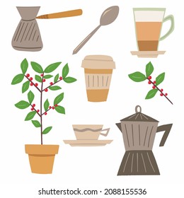 Colorful vector set, vector illustration with coffee concept. Flat design set can be used for advertising, menu, posters, stickers. Coffee tree in a pot with red coffee beans