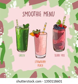 Colorful vector set illustration in sketch style. Green, Strawberry-Peach, Berry Mix Smoothie set recipe fresh drink in a glass Cup. Detox for health. Hand drawn image for menu design energetic drink.