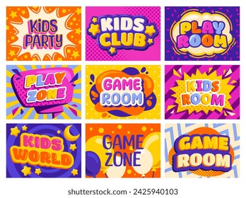 Colorful Vector Set of Kids game zone banners. Children game party posters, kids play area or educational class. Posters for baby playgrounds. Kids area for game play