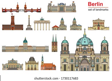 Colorido conjunto vectorial de monumentos de Berlín, Alemania en estilo de arte en línea.Un vector plano ilustrativo de los atractivos de la vista frontal de Berlín aislado en fondo blanco.Concepto de recorrido de contorno vectorial