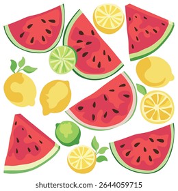 Colorful vector set of lime, lemon, and watermelon illustrations. Hand-drawn fruity clipart for summer design, packaging, textiles, and stickers. Isolated on white background.