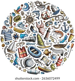 Colorful vector set of Marine cartoon doodle objects, symbols and items. Round composition