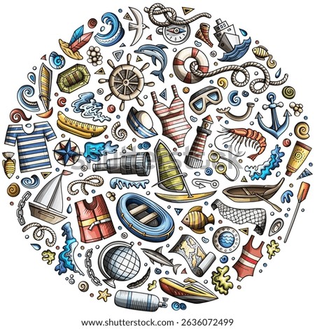 Colorful vector set of Marine cartoon doodle objects, symbols and items. Round composition