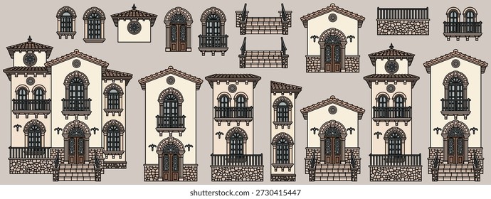 Colorido conjunto de Vectores de Elementos de fachada de villa mediterránea: casas modulares, puertas arqueadas, ventanas, balcones, escaleras y azulejos. Dibujado a mano, no AI