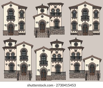 Colorido conjunto de Vectores de Elementos de fachada de villa mediterránea: casas modulares, puertas arqueadas, ventanas, balcones, escaleras y azulejos. Dibujado a mano, no AI