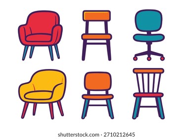 A colorful vector set of modern chairs in a fun, cartoon style. Includes armchairs, dining chairs, office chairs, and simple wooden chairs with bold outlines and vibrant colors.