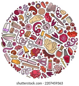 Colorful vector set of Nail Salon cartoon doodle objects, symbols and items. Round composition