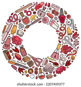 Colorful vector set of Nail Salon cartoon doodle objects, symbols and items. Round frame composition