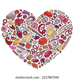 Colorful vector set of Nail Salon cartoon doodle objects, symbols and items. Heart form composition