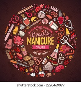 Colorido conjunto vectorial de objetos de doodle, símbolos y objetos de la caricatura de Nail Salon. Composición del marco redondo