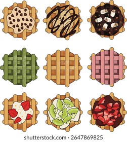 Colorful vector set of nine different waffles decorated with a variety of toppings including chocolate chips, syrup drizzle, marshmallows, matcha, powdered sugar, strawberry and whipped cream