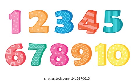 
Colorful vector set of numbers 1 to 10 with fun patterns for birthday card designs and childish designs