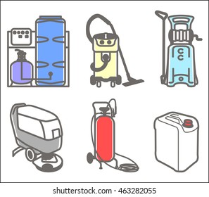 Colorful vector set outline icon of cleaning equipment