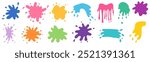 Colorful vector set with paint splash splatter shapes in flat style. Ink blots, stains and drips for packaging, graphic design.