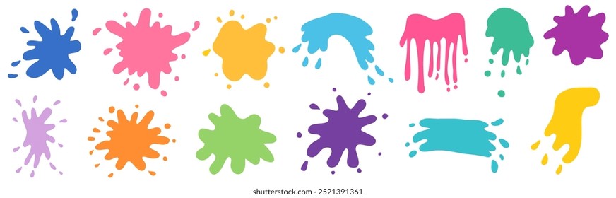 Colorful vector set with paint splash splatter shapes in flat style. Ink blots, stains and drips for packaging, graphic design.