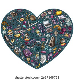 Colorful vector set of podcasting cartoon doodle objects, symbols and items. Heart form composition
