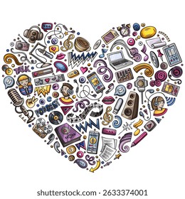 Colorful vector set of podcasting cartoon doodle objects, symbols and items. Heart form composition