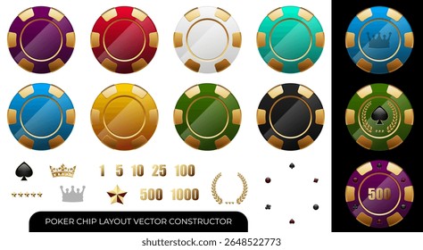Colorful vector set of poker chips in various colors with gold details, numeric values, icons, and editable design elements. Ideal for casino, gambling, or card game design projects