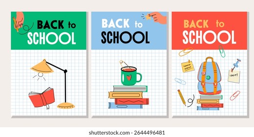 A colorful vector set of “Back to School” posters featuring students, school supplies, learning gadgets, and study-themed elements. Includes backpacks, notebooks, highlighters, laptops, globe.