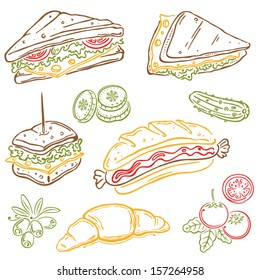 Colorful vector set, sandwiches and vegetable