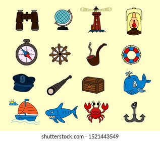 Colorful vector set of sea equipment and nautical accessories