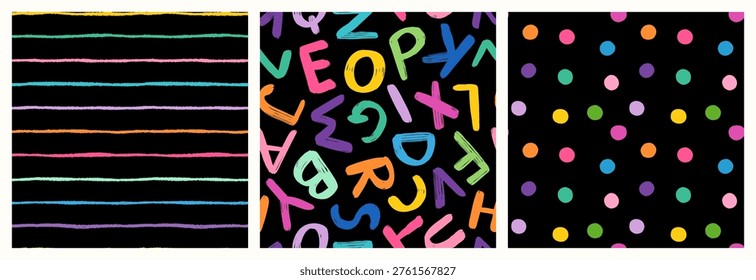 Colorful vector set with seamless patterns with the English alphabet, dots and stripes, Fun backgrounds with hand written capital letters and lines for kids designs