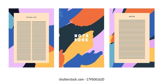 Colorful vector set of sheets to make notes. Abstract illustration on the background. Pages for notes. Cover for notebook. Organizer, to do list, scheduler.