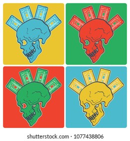 Colorful vector set of skulls with inserted music tapes on different color backgrounds, isolated poster design