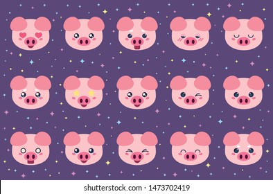 Colorful vector set of small cute pig emoticons. Collection isolated funny muzzle piggy with different emotion in cartoon style.