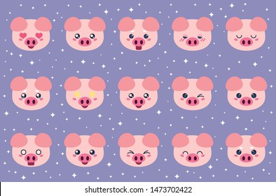 Colorful vector set of small cute pig emoticons. Collection isolated funny muzzle piggy with different emotion in cartoon style.
