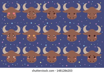Colorful vector set of small cute bull emoticons. Collection isolated funny muzzle ox with different emotion in cartoon style.
