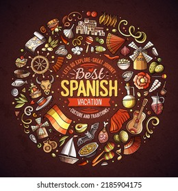 Colorful vector set of Spain cartoon doodle objects, symbols and items. Round frame composition