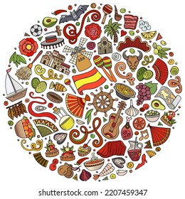 Colorful vector set of Spain cartoon doodle objects, symbols and items. Round composition