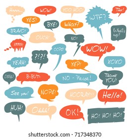 Colorful vector set of speech bubbles with short phrases, isolated on white background. Yes, wow, no, ok, xoxo, yep, wtf, what, bye, hello, omg etc.