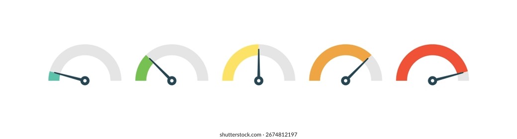 Un colorido conjunto de Vectores de velocímetro e íconos de medidor. Ideal para indicadores de rendimiento, niveles de progreso y paneles de datos en el diseño de UI UX
