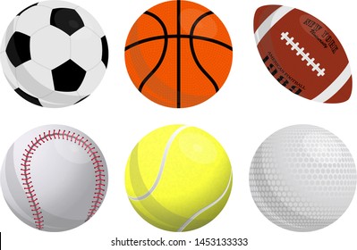 Colorful vector set of sport balls icons: basketball, football, american football, baseball, tennis, golf. Flat style. Eps 10