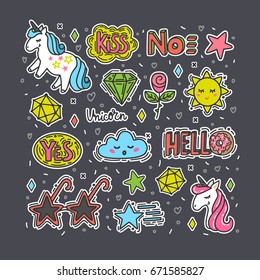 Colorful vector set of stickers, badges, patches in cartoon comic style. Isolated illustrations with  unicorns, hearts, stars, words, etc.
