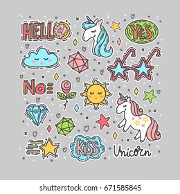 Colorful vector set of stickers, badges, patches in cartoon comic style. Isolated illustrations with  unicorns, hearts, stars, words, etc.