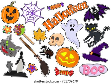 Colorful vector set of stickers/ badges/ icons/ patches/ design elements with pumpkin and cat, ghost, web and sweets, broom, spider and skull on white background. Badges of the holiday of Halloween.