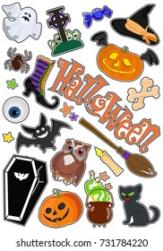 Colorful vector set of stickers/ badges/ icons/ design elements with pumpkin and cat, ghost, witch boot, hat, candy, broom, spider, cauldron, bones, coffin isolated on white background. Halloween.