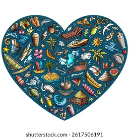 Colorful vector set of Summer Beach cartoon doodle objects, symbols and items. Heart form composition