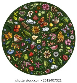 Colorful vector set of Summer Nature cartoon doodle objects, symbols and items. Round composition