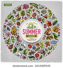Colorful vector set of Summer Nature cartoon doodle objects, symbols and items. Round frame composition
