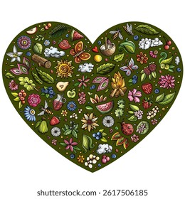 Colorful vector set of Summer Nature cartoon doodle objects, symbols and items. Heart form composition