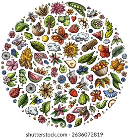 Colorful vector set of Summer Nature cartoon doodle objects, symbols and items. Round composition